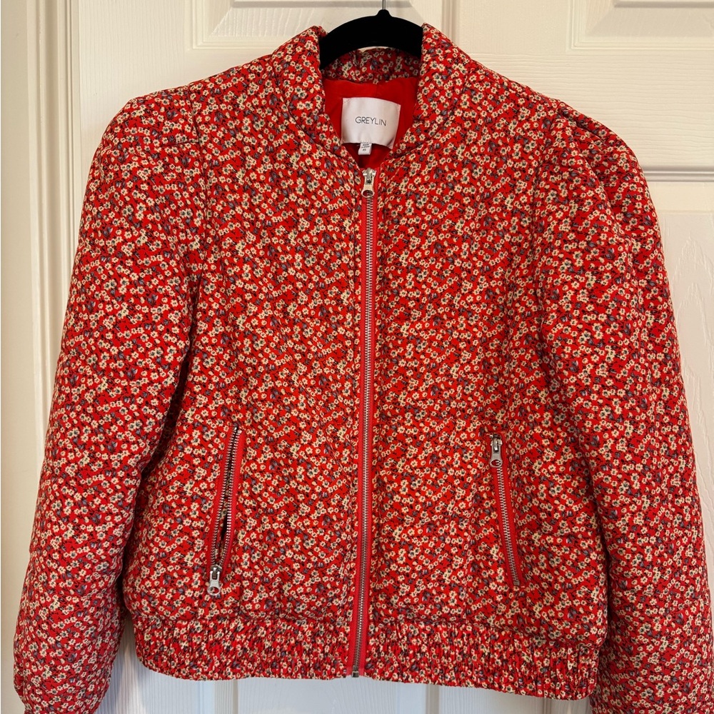 Greylin Red and White Floral Bomber Jacket